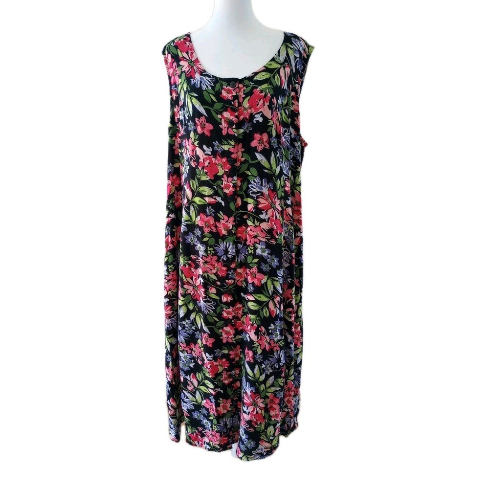 Woman Within Shirt Dress Size 24 Black Dark Floral Button Front Tank Sleeveless